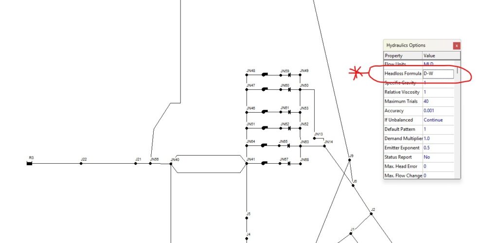 EPANET Hydraulic Options Dialogue Box - Setting Darcy-Weisbach
